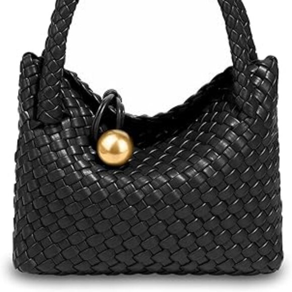 Neiman Marcus Black Woven Vegan Leather Handbag with Gold Sphere Clasp - Picture 3 of 3